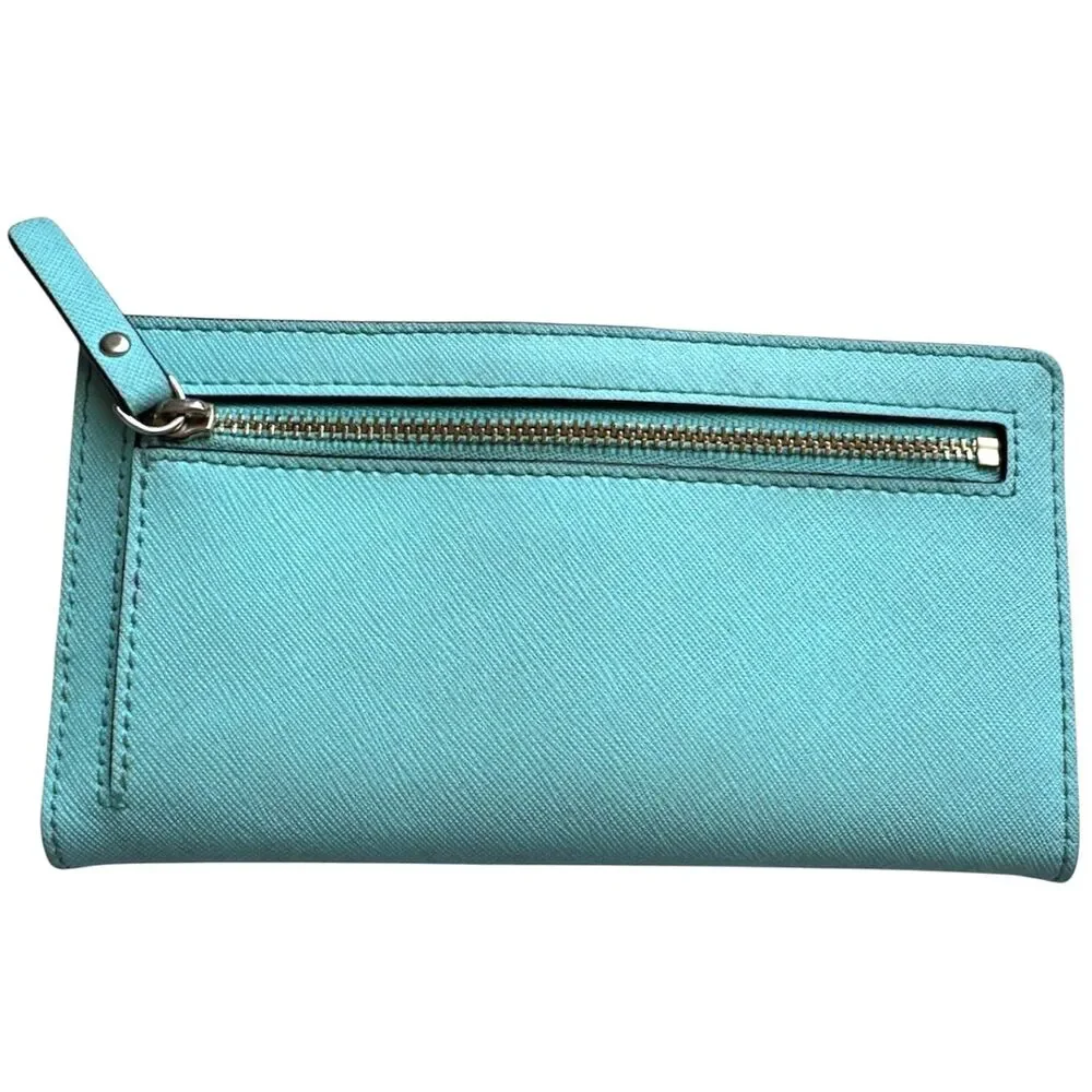 Kate Spade Mikas Pond Stacy Slim Bifold Saffiano Leather Wallet Aqua Blue